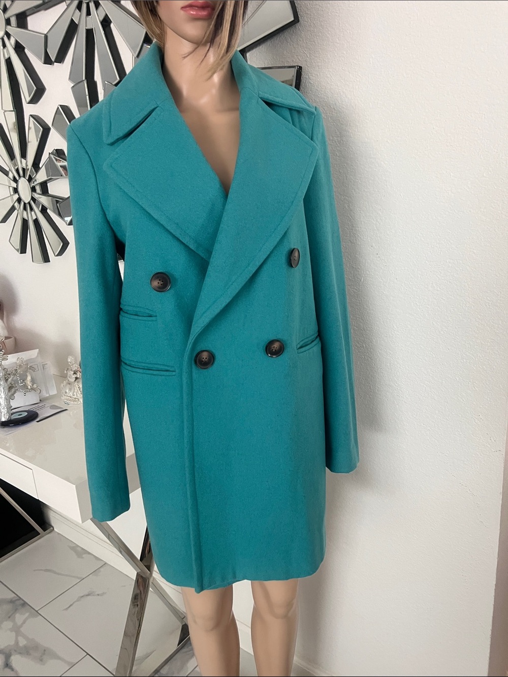 HALOGEN•
X-
ATLANTIC - PACIFIC Teal Double-Breasted Wool women’s Coat size S